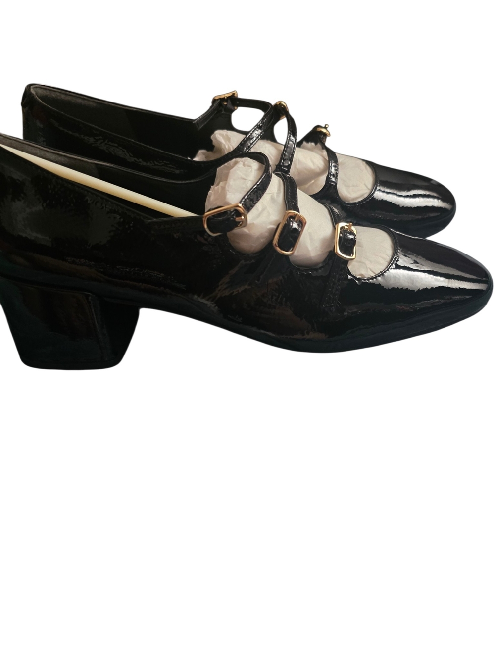 Paolo Black Patent Triple-Strap Mary Jane Block Heels with Gold Buckles